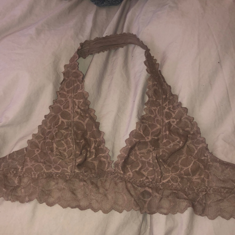 PINK tan lace halter bralette